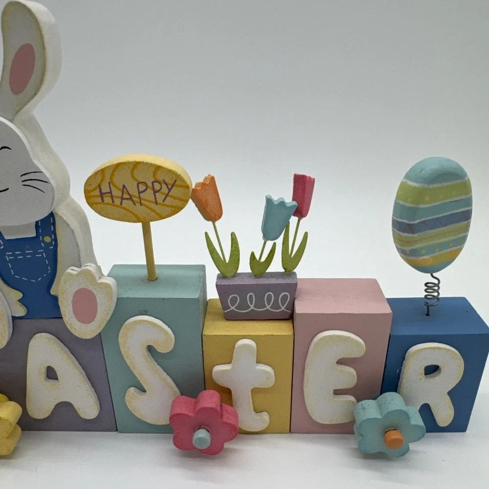 WOODEN PAINTED EASTER BUNNY And  Eggs FAMILY DECOR 9 1/4